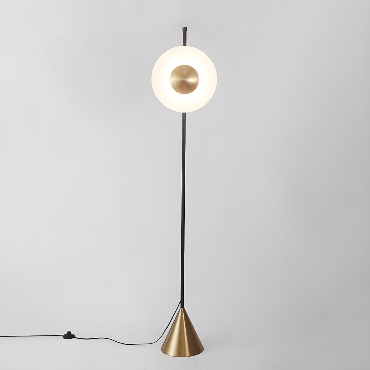 Sleek Circular Shade and Brass Cone Base Floor Lamp Image - 6