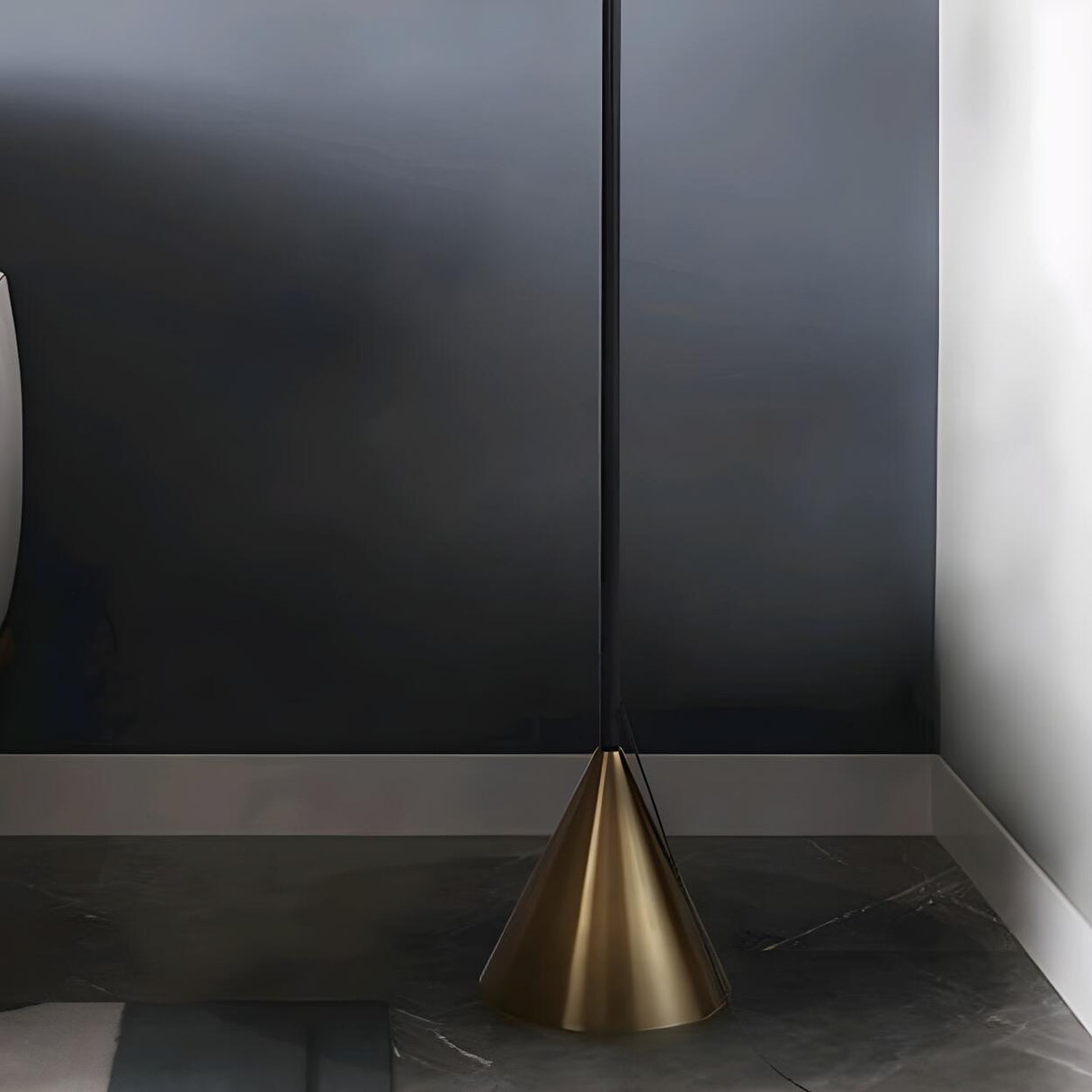 Sleek Circular Shade and Brass Cone Base Floor Lamp Image - 8