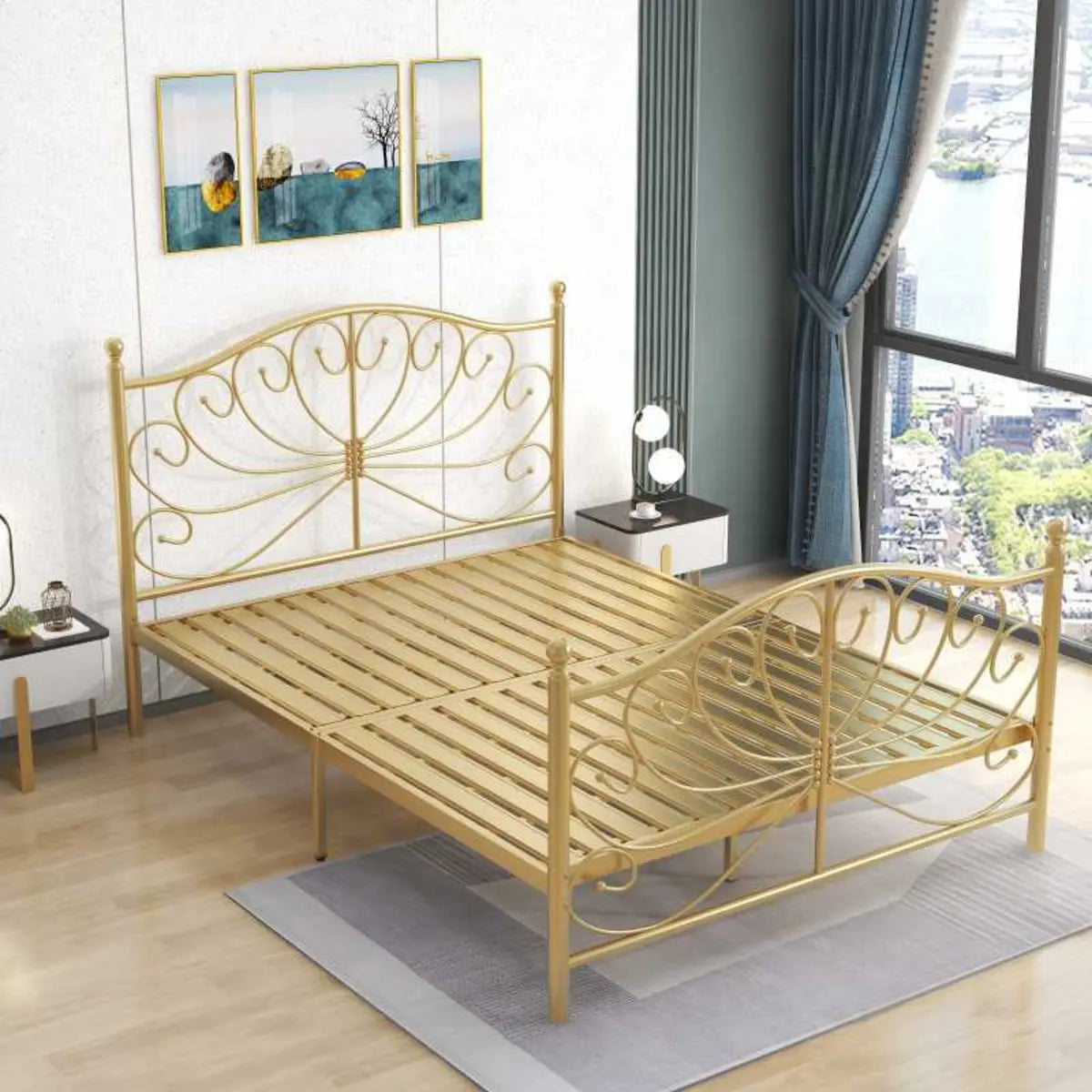 Sleek Curved Metal Gold King Headboard Open-Frame Bed Image - 1