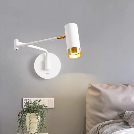 Sleek Cylinder Bedside Reading Swing Arm Iron Wall Lamp Image - 1