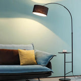 Sleek Drum Black Arched Floor Lamp with Side Table Image - 12