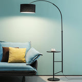 Sleek Drum Black Arched Floor Lamp with Side Table Image - 13