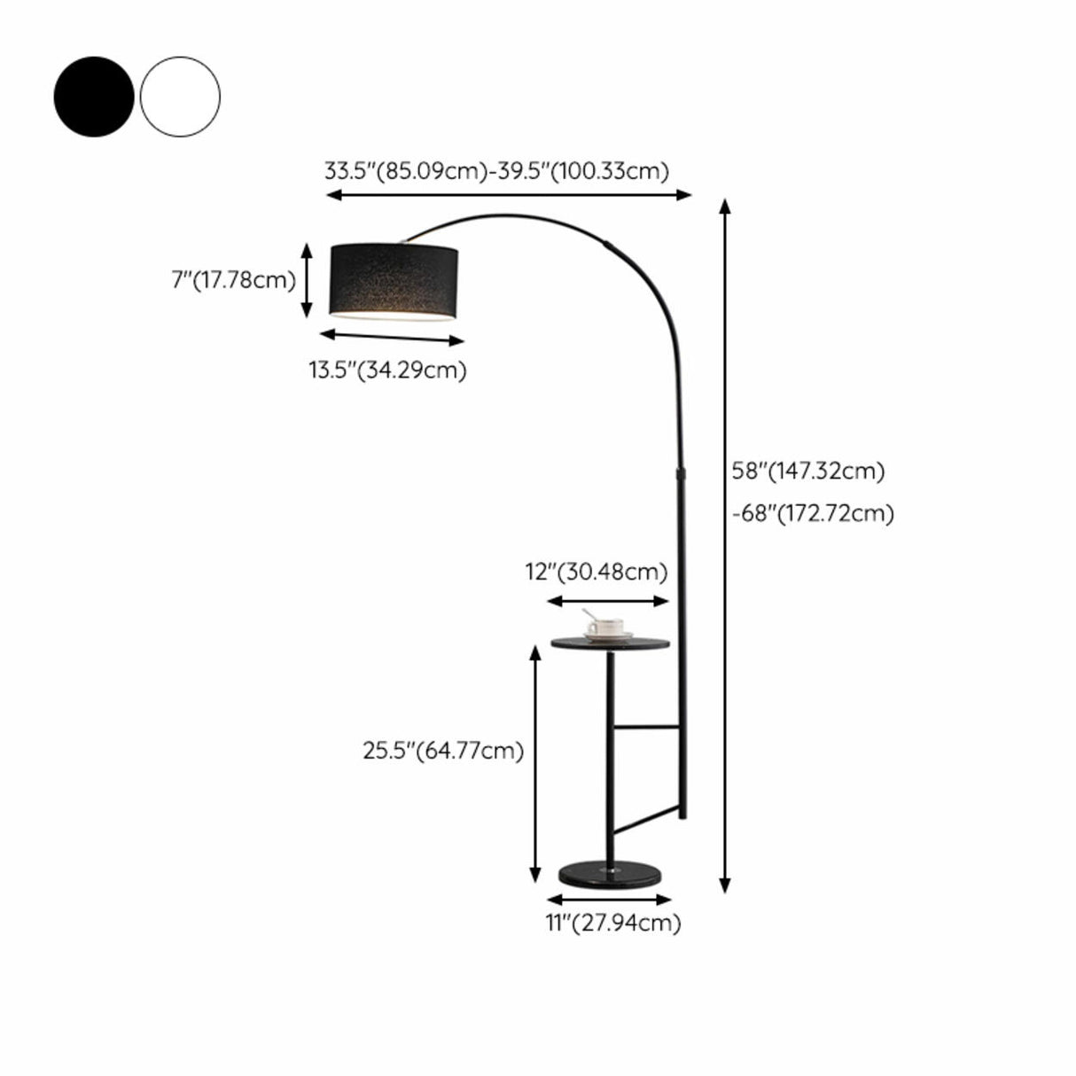 Sleek Drum Black Arched Floor Lamp with Side Table 