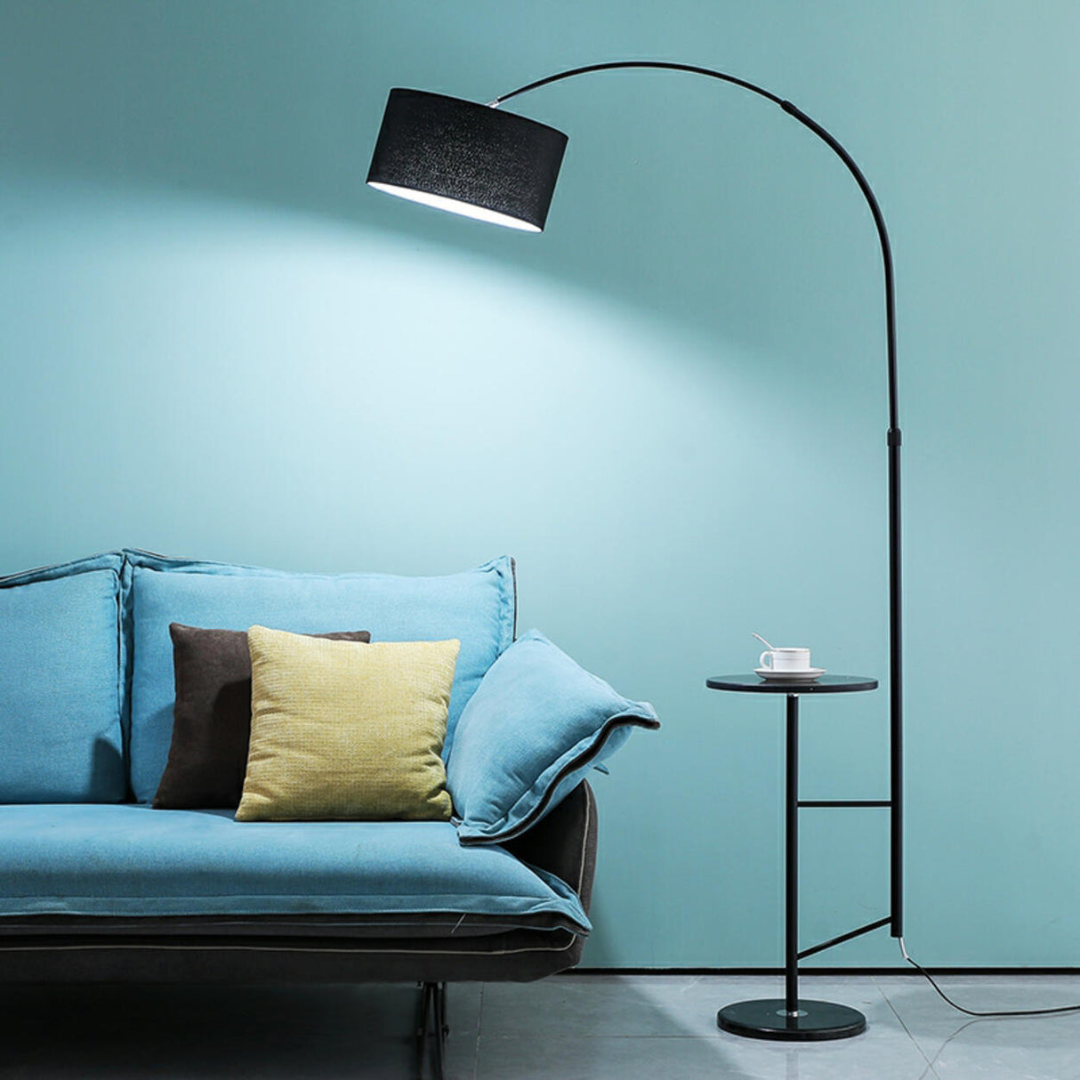 Sleek Drum Black Arched Floor Lamp with Side Table Image - 3