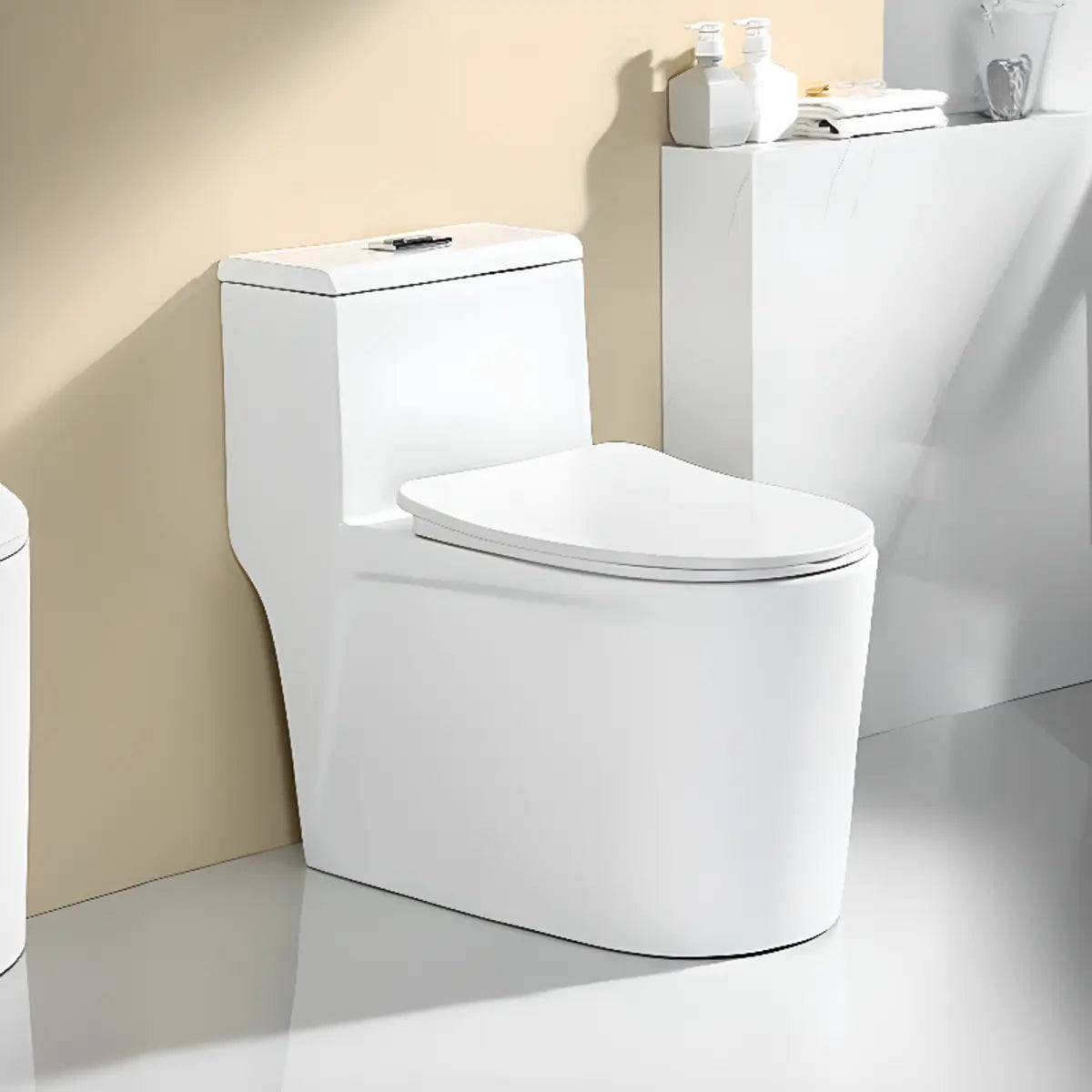 Sleek Elongated White Antimicrobial Seat One-Piece Toilet Image - 9