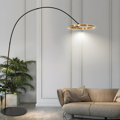 Sleek LED Gold Ring and Arched Metal Floor Lamp Image - 1