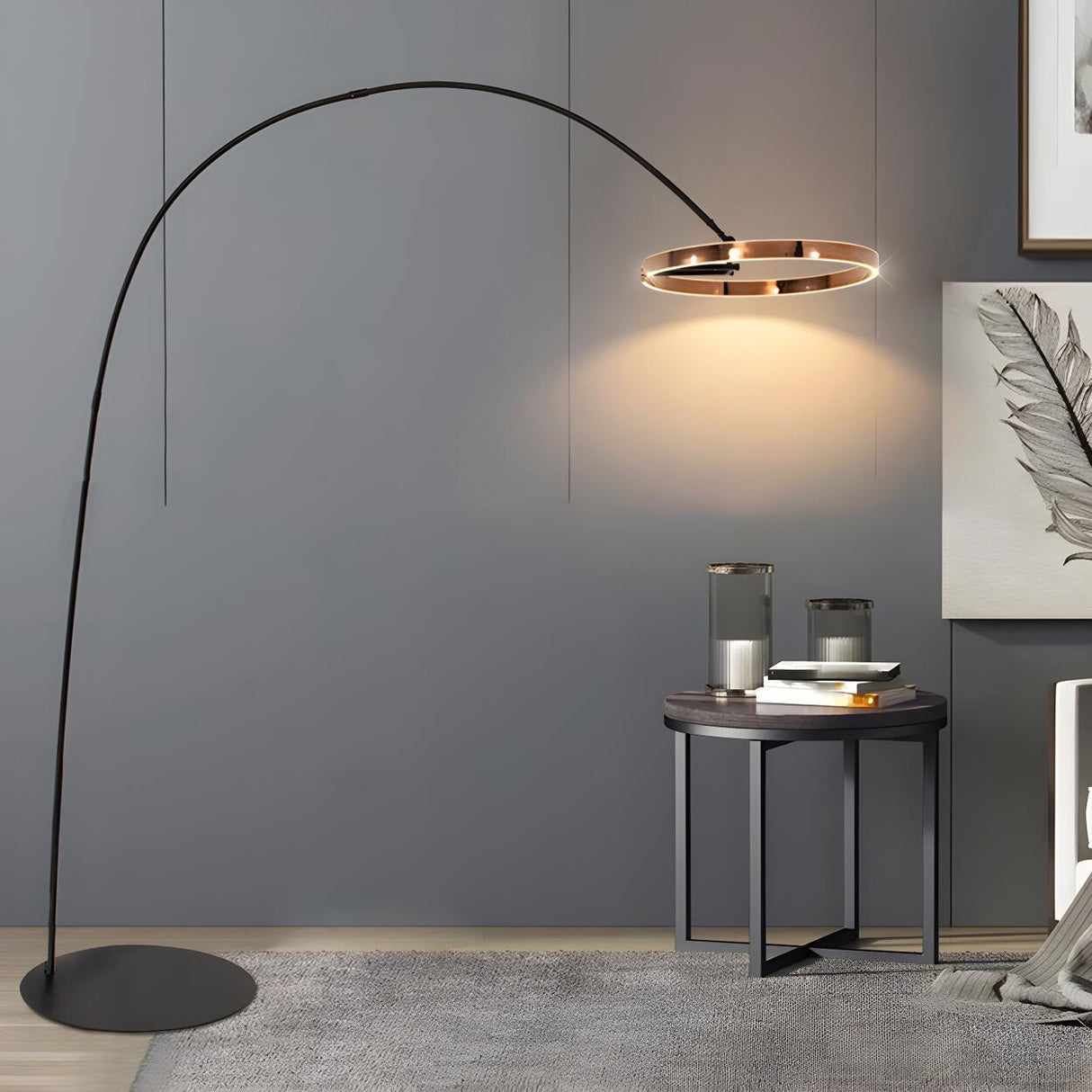 Sleek LED Gold Ring and Arched Metal Floor Lamp Image - 16