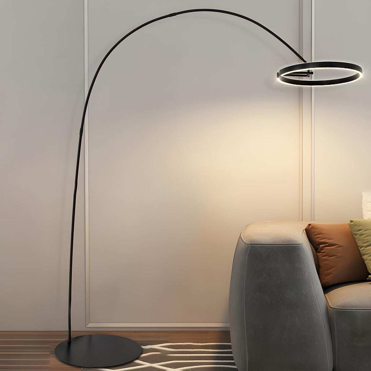 Sleek LED Gold Ring and Arched Metal Floor Lamp Image - 4