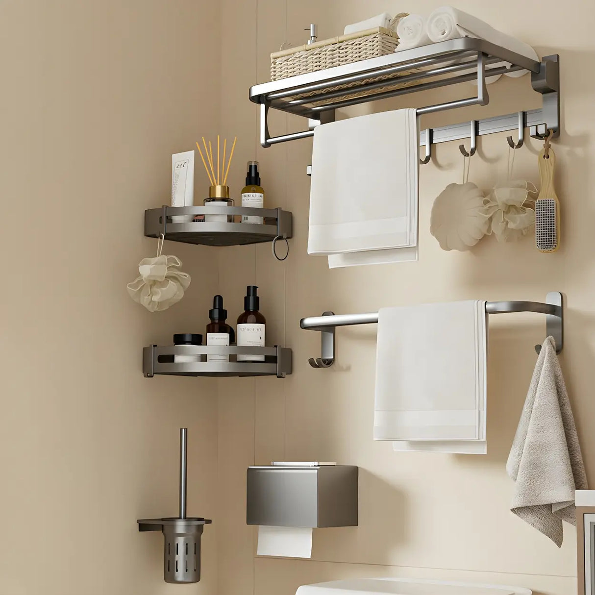 Sleek Metal Grey Bathroom Hardware Set with Shelves Image - 1