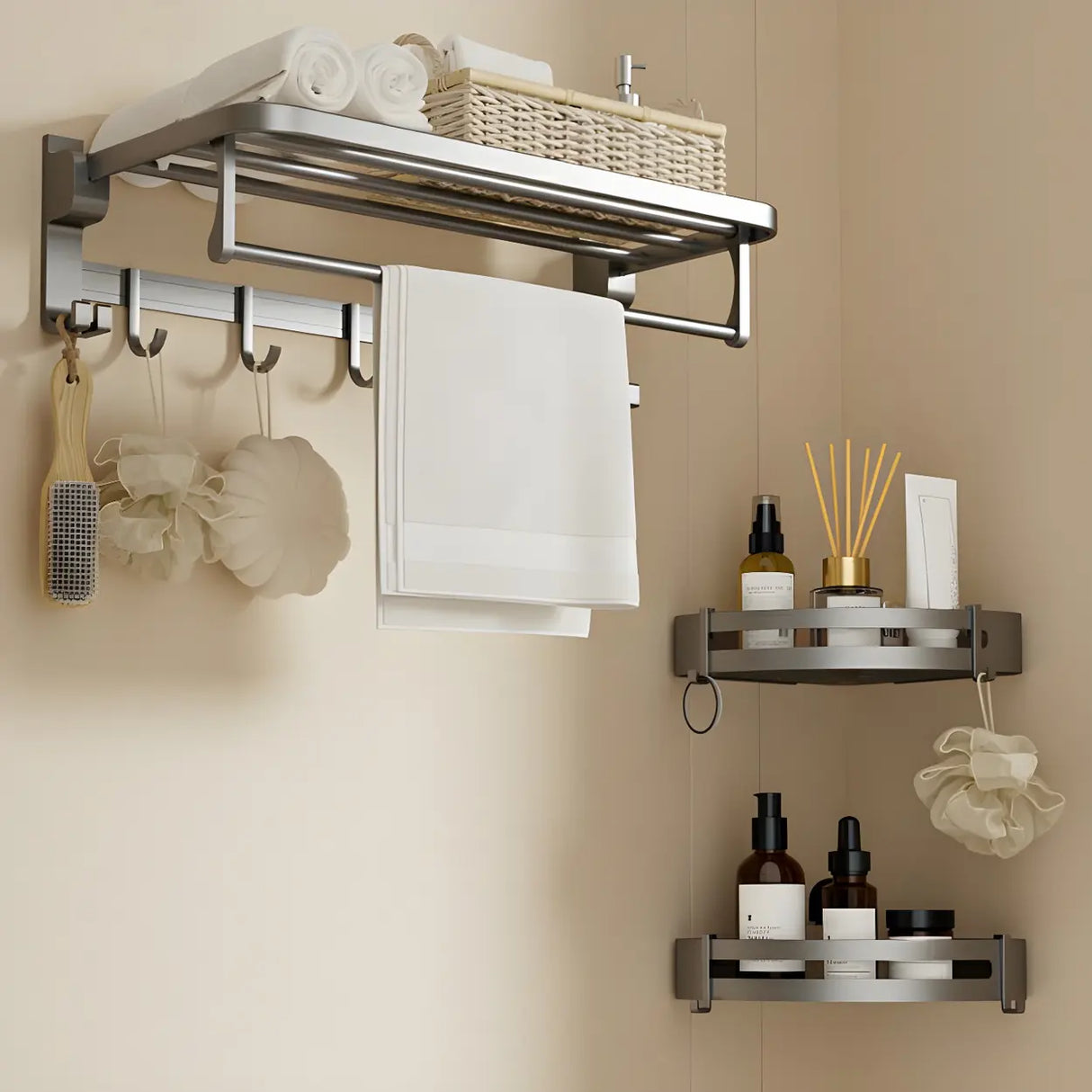 Sleek Metal Grey Bathroom Hardware Set with Shelves Image - 11