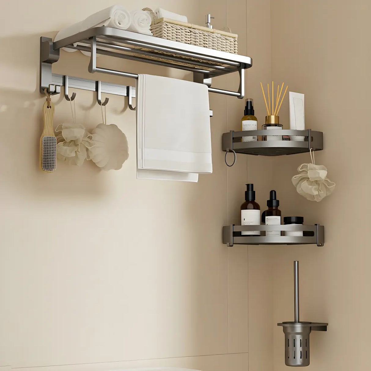 Sleek Metal Grey Bathroom Hardware Set with Shelves Image - 2