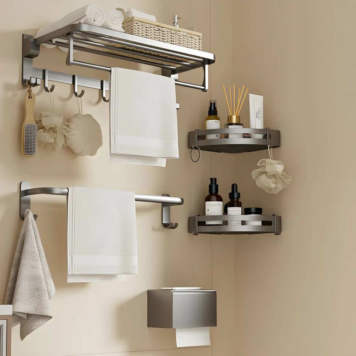 Sleek Metal Grey Bathroom Hardware Set with Shelves Image - 9