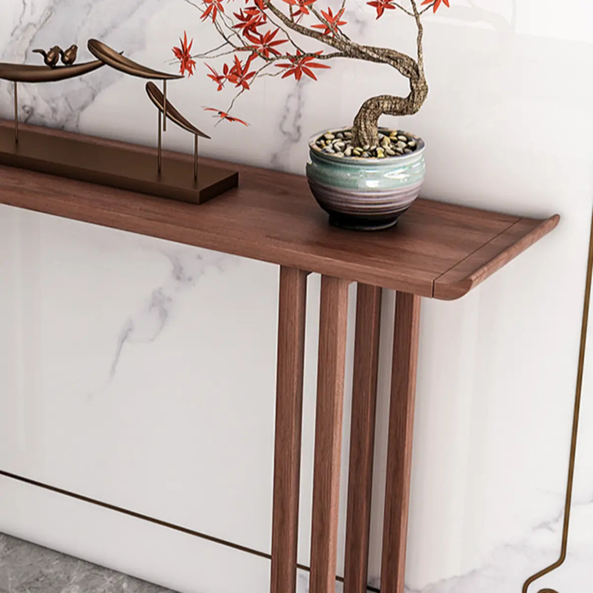 Sleek Pine Wood Walnut Rectangular Entry Console Table Image - 10