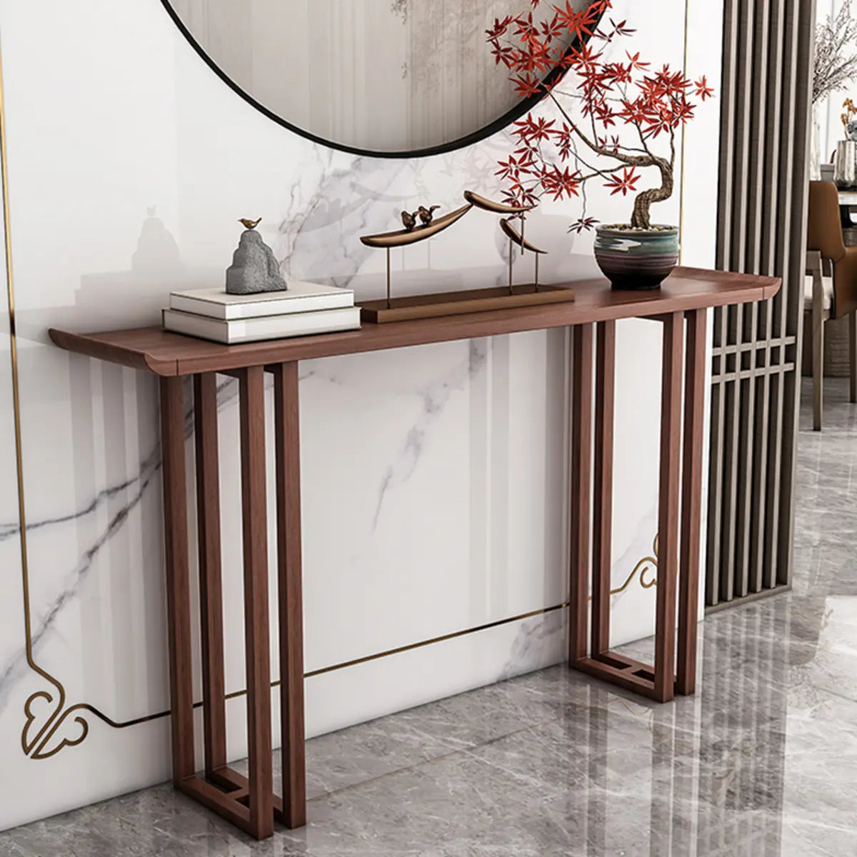 Sleek Pine Wood Walnut Rectangular Entry Console Table Image - 6