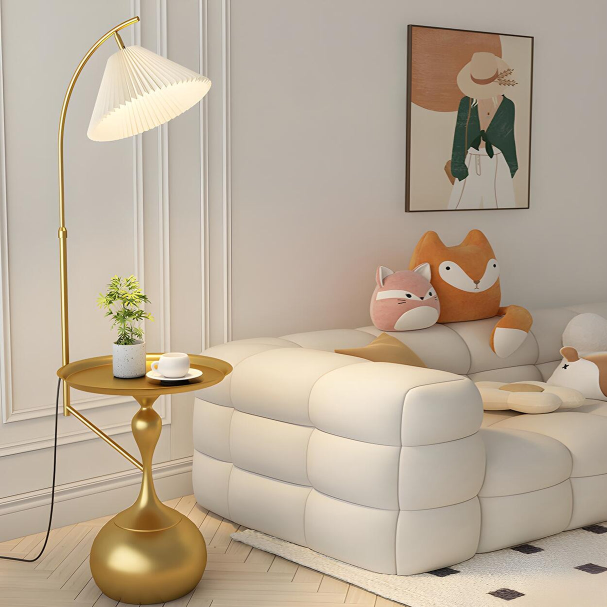 Sleek Pleated Gold Arched Floor Lamp with Side Table Image - 1