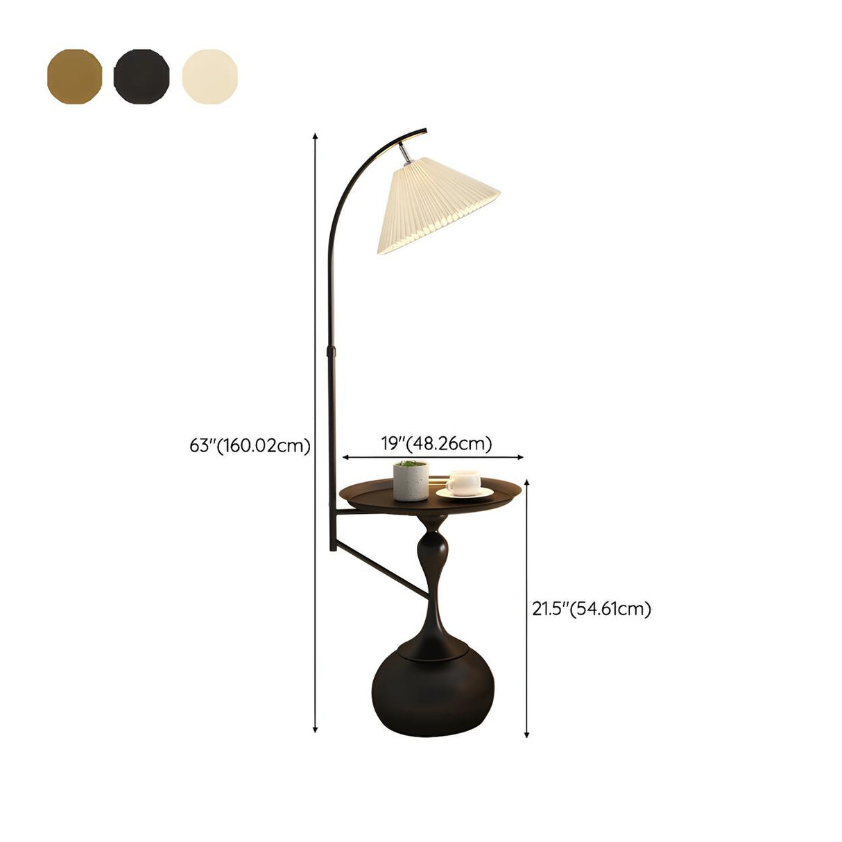 Sleek Pleated Gold Arched Floor Lamp with Side Table 