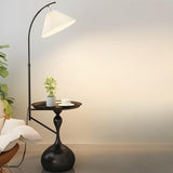 Sleek Pleated Gold Arched Floor Lamp with Side Table Image - 3