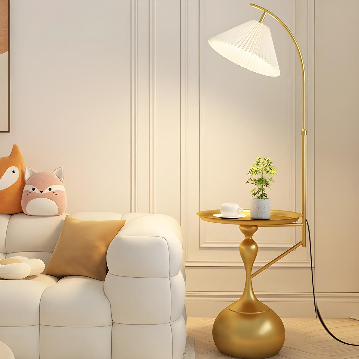 Sleek Pleated Gold Arched Floor Lamp with Side Table Image - 7