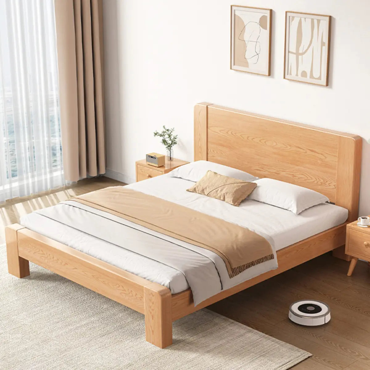 Sleek Rubberwood Natural Headboard King Slat Bed Frame Image - 2