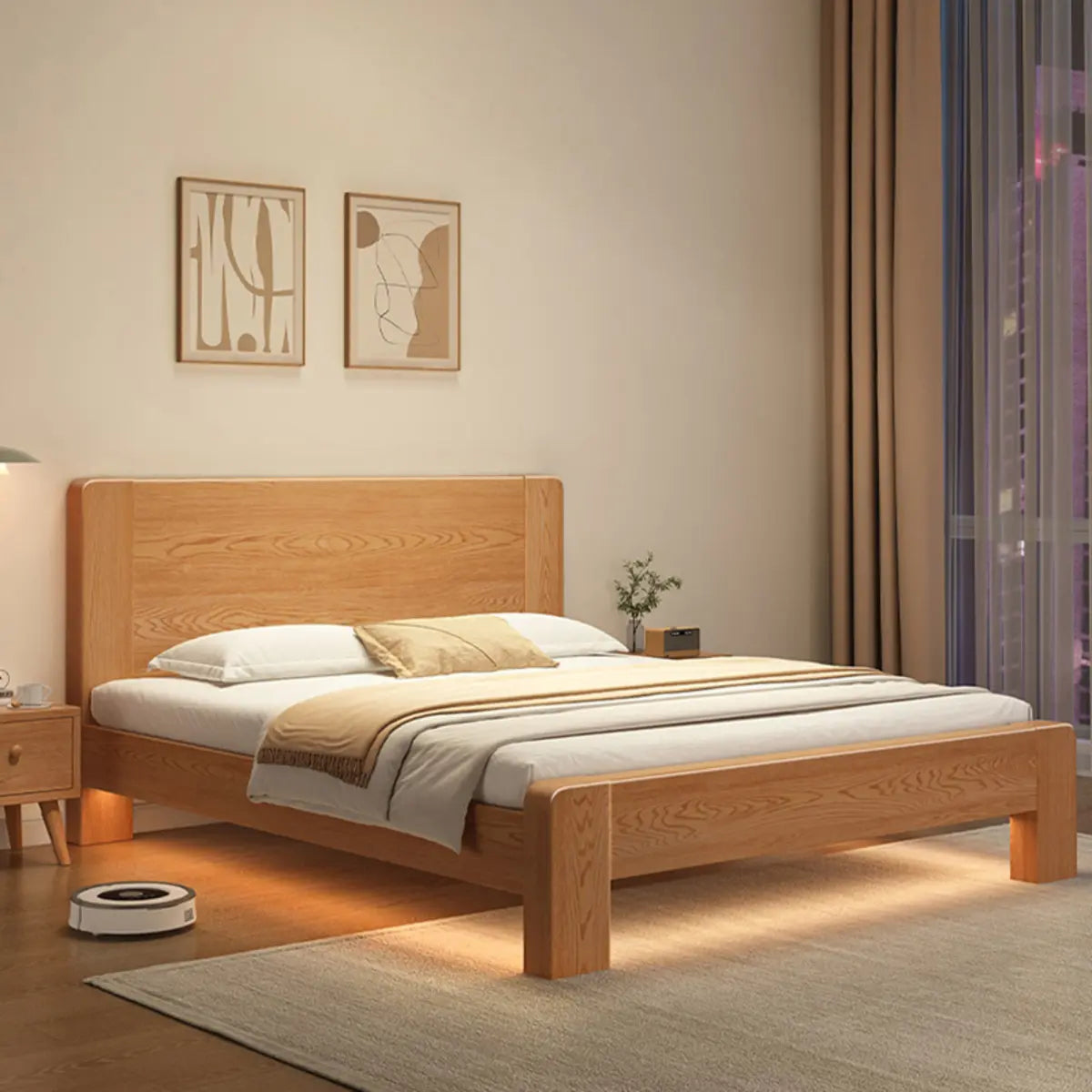 Sleek Rubberwood Natural Headboard King Slat Bed Frame Image - 3