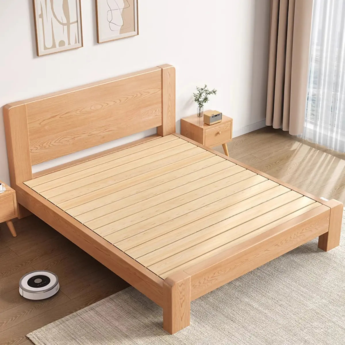 Sleek Rubberwood Natural Headboard King Slat Bed Frame Image - 4