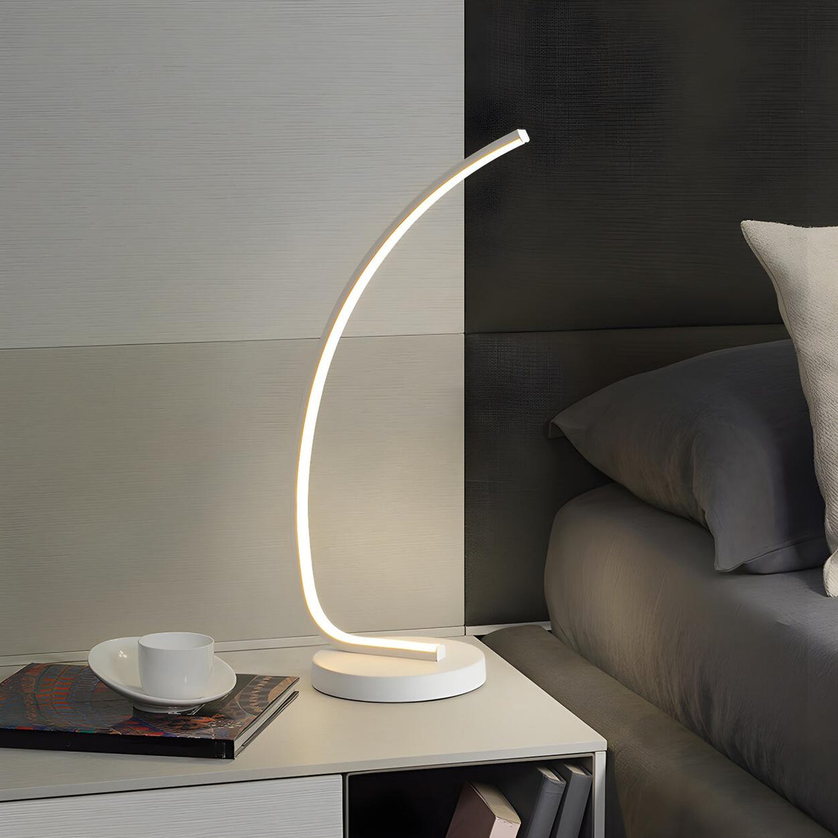 Sleek Simple Curved LED Metal Modern Bedroom Table Lamp Image - 3