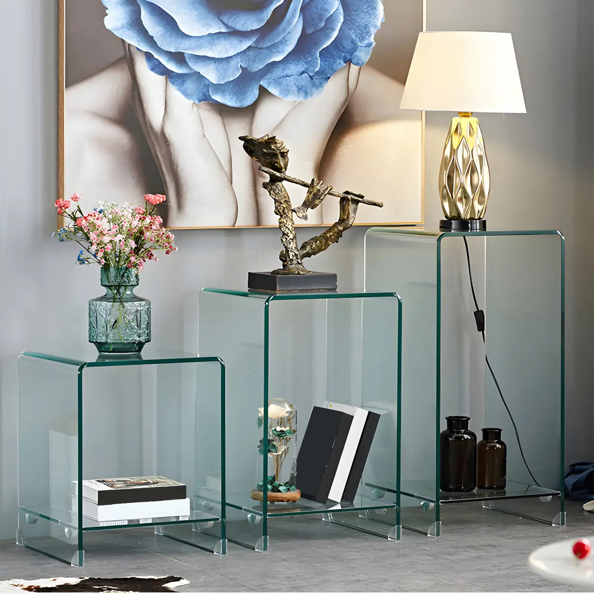 Sleek Square Glass Clear Rectangular Shelf Side Table Image - 4