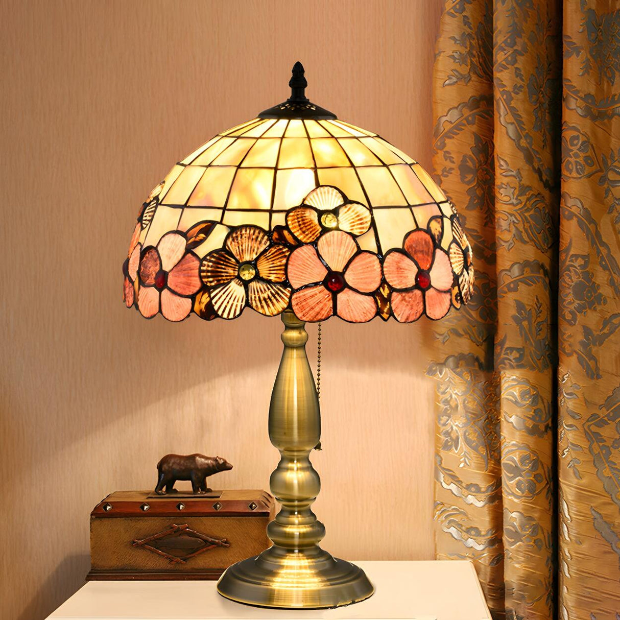 Sleek Tiffany Dome Stained Glass Metal Base Table Lamp Image - 16