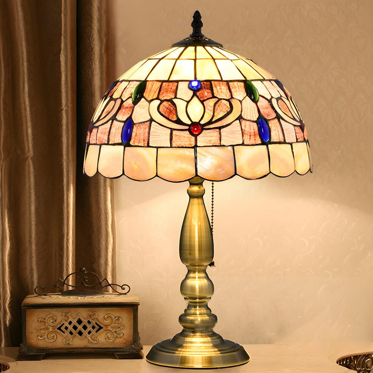 Sleek Tiffany Dome Stained Glass Metal Base Table Lamp Image - 17