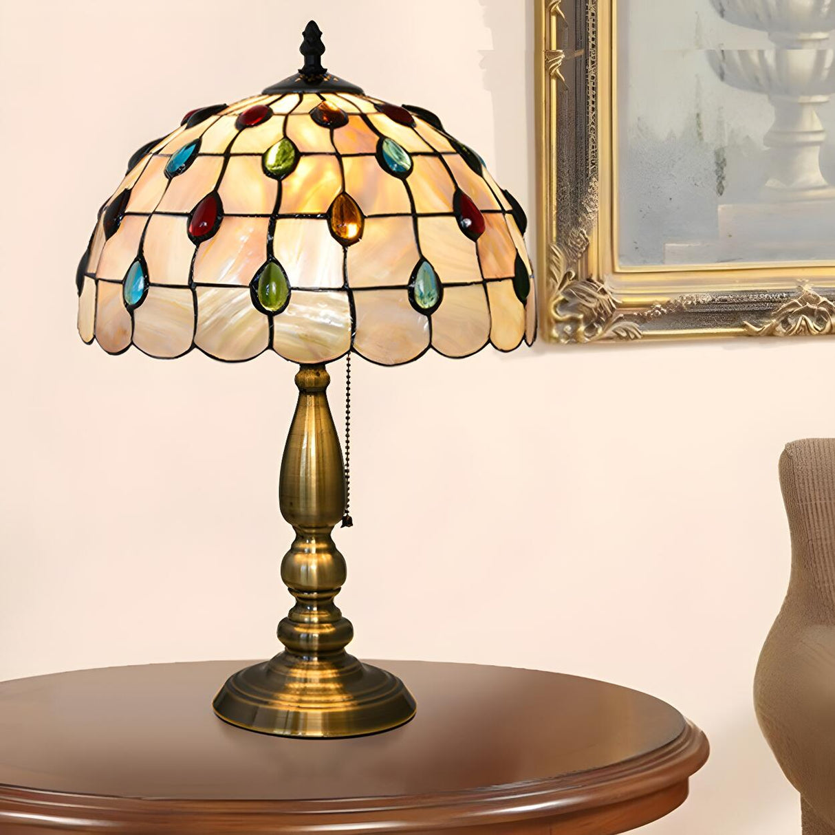 Sleek Tiffany Dome Stained Glass Metal Base Table Lamp Image - 18