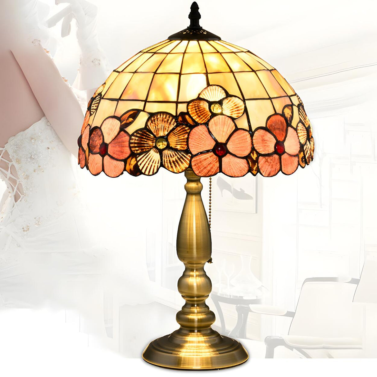 Sleek Tiffany Dome Stained Glass Metal Base Table Lamp Image - 20