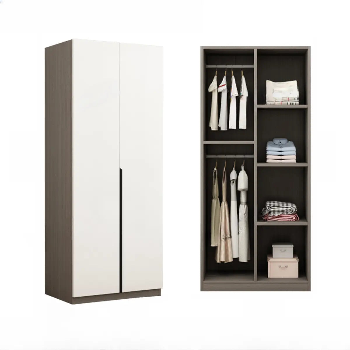 Sleek White Timber Tall Wardrobe with Shelves and Drawers Image - 2