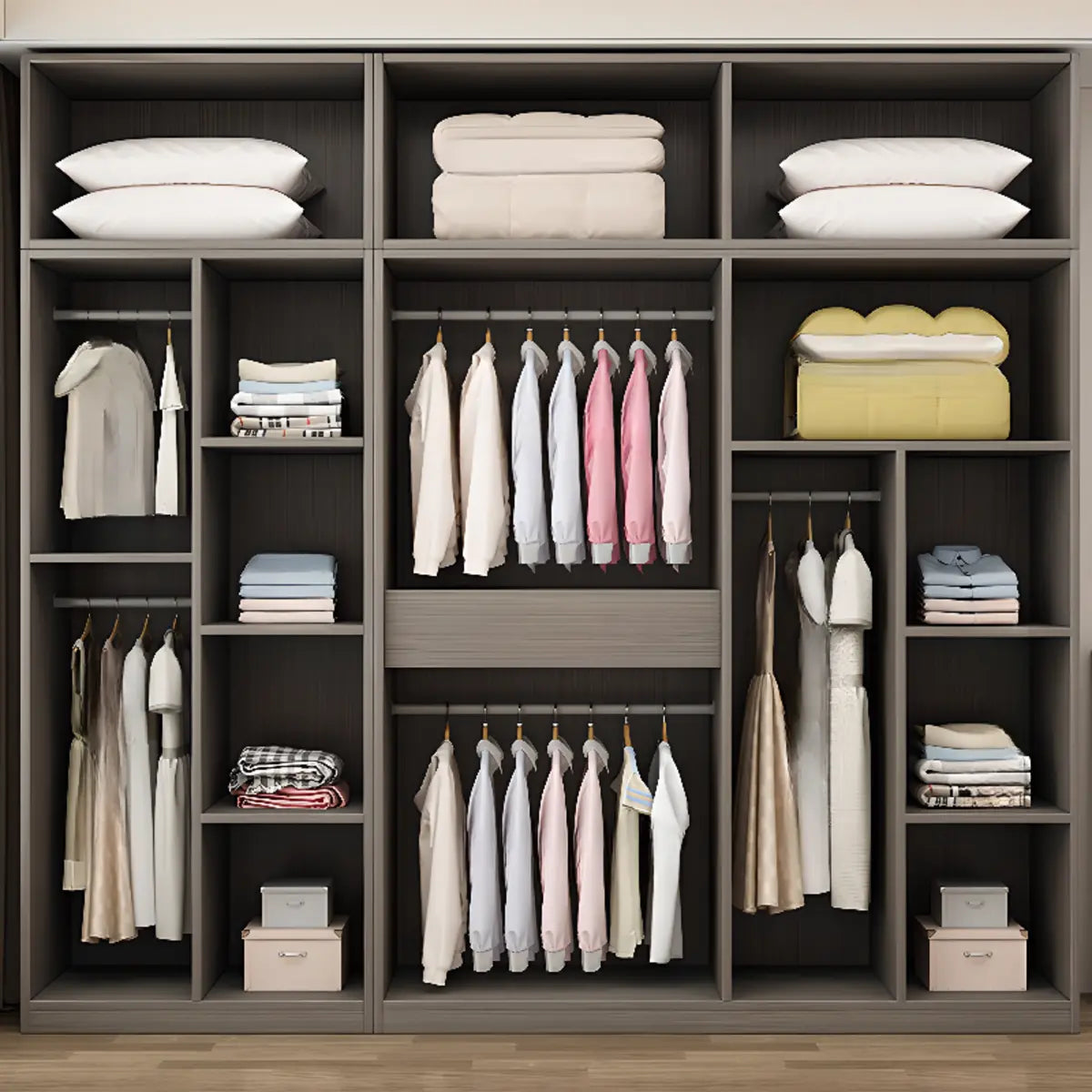 Sleek White Timber Tall Wardrobe with Shelves and Drawers Image - 8