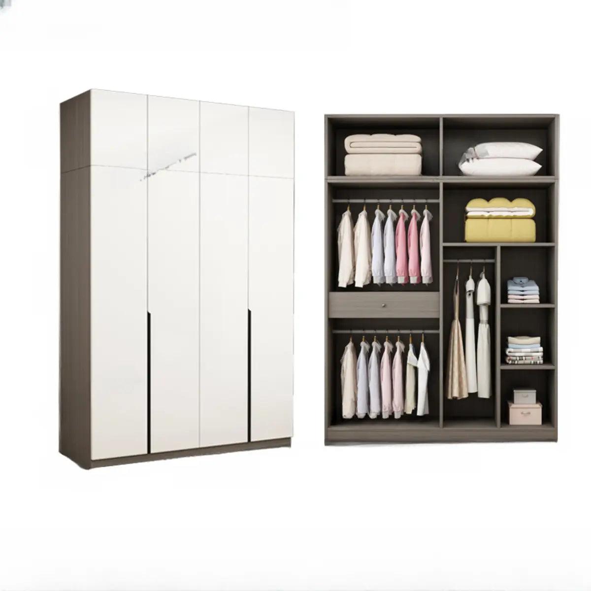 Sleek White Timber Tall Wardrobe with Shelves and Drawers Image - 17