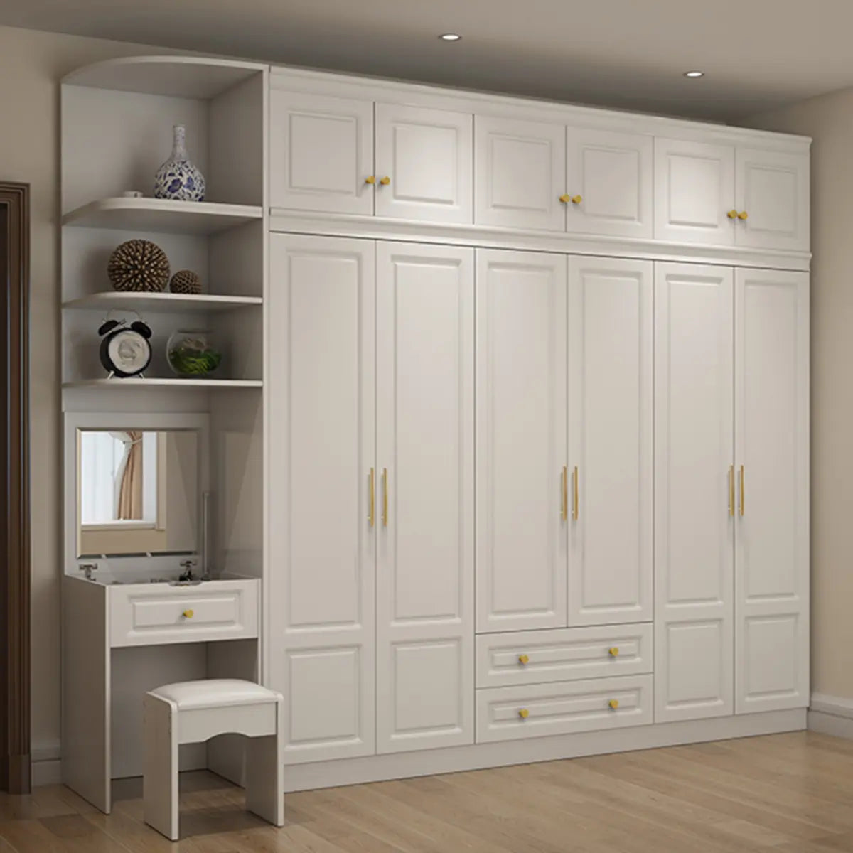 Sleek White Timber Wardrobe with Mirror and Drawers Image - 1