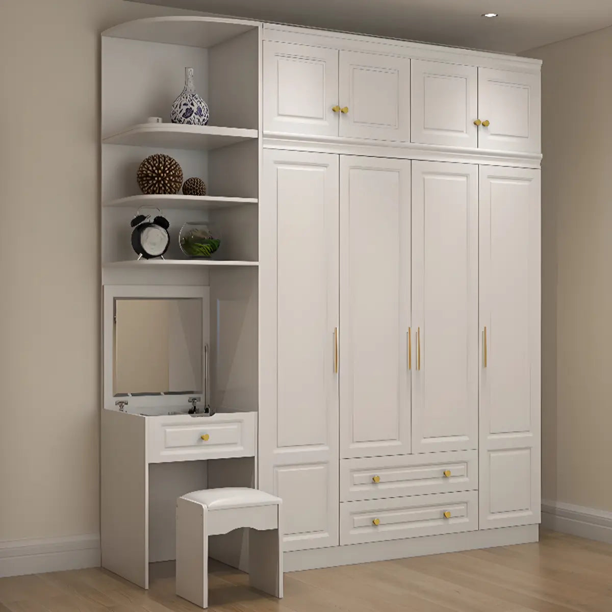 Sleek White Timber Wardrobe with Mirror and Drawers Image - 10