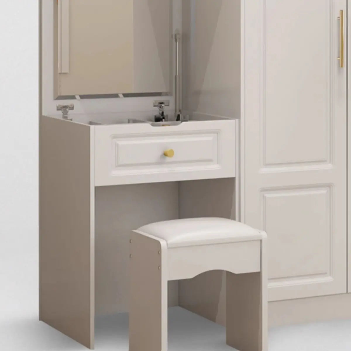 Sleek White Timber Wardrobe with Mirror and Drawers Image - 15