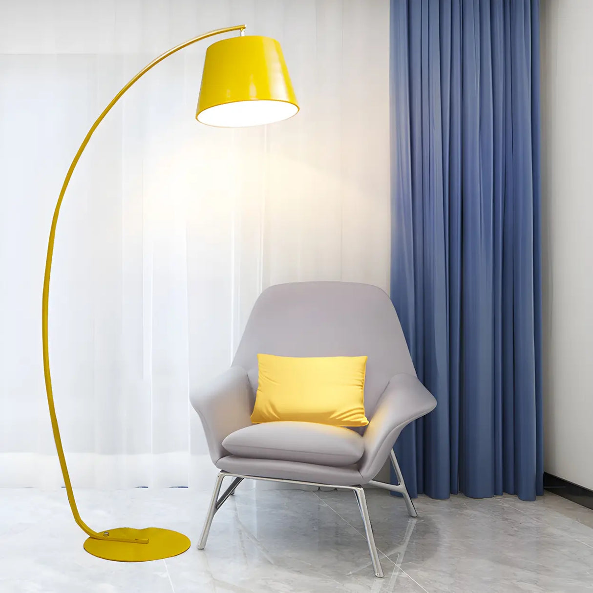 Sleek Yellow Drum Modern Arch Metal LED Floor Light Image - 1