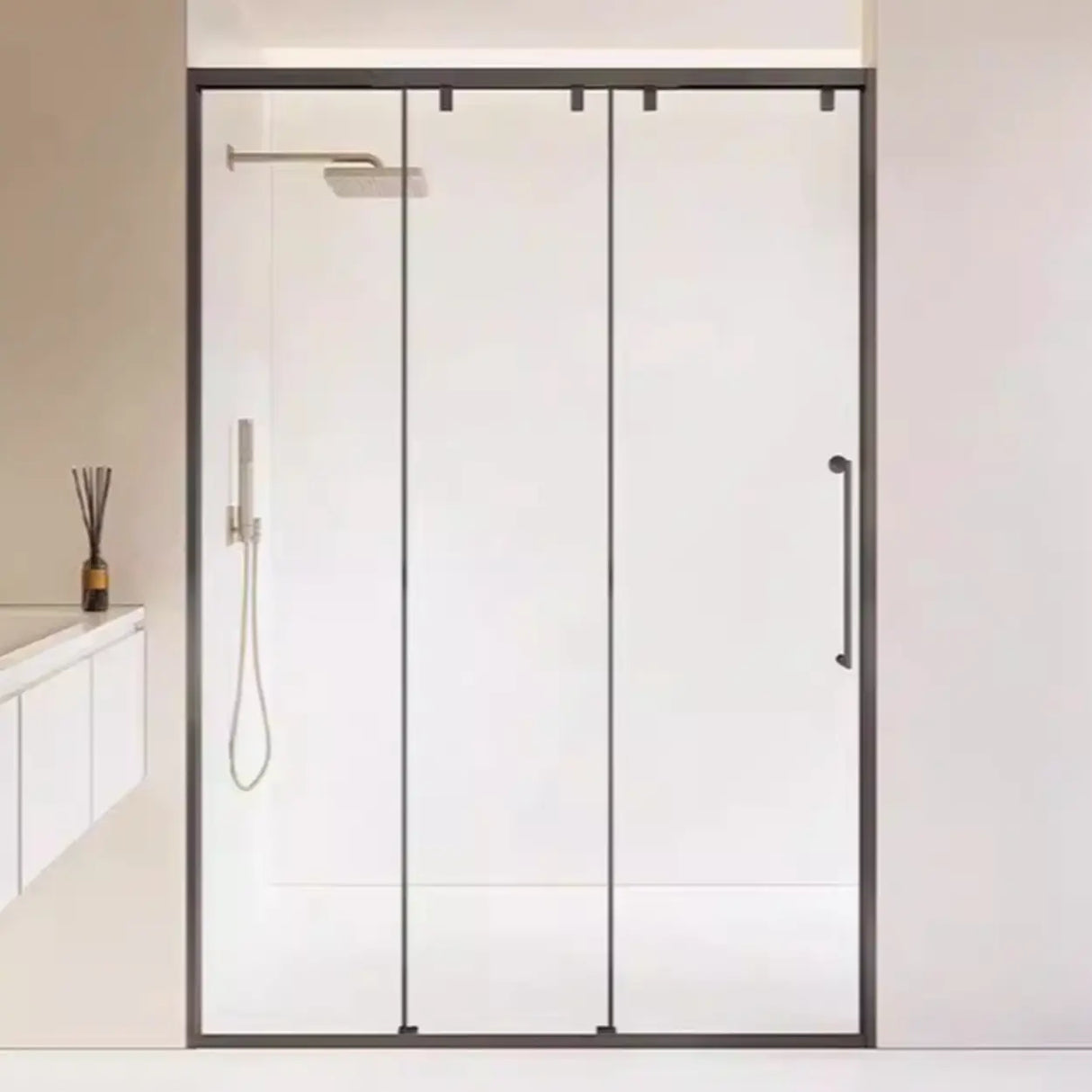 Sliding Glass Black Framed Shower Door with Handle Image - 9