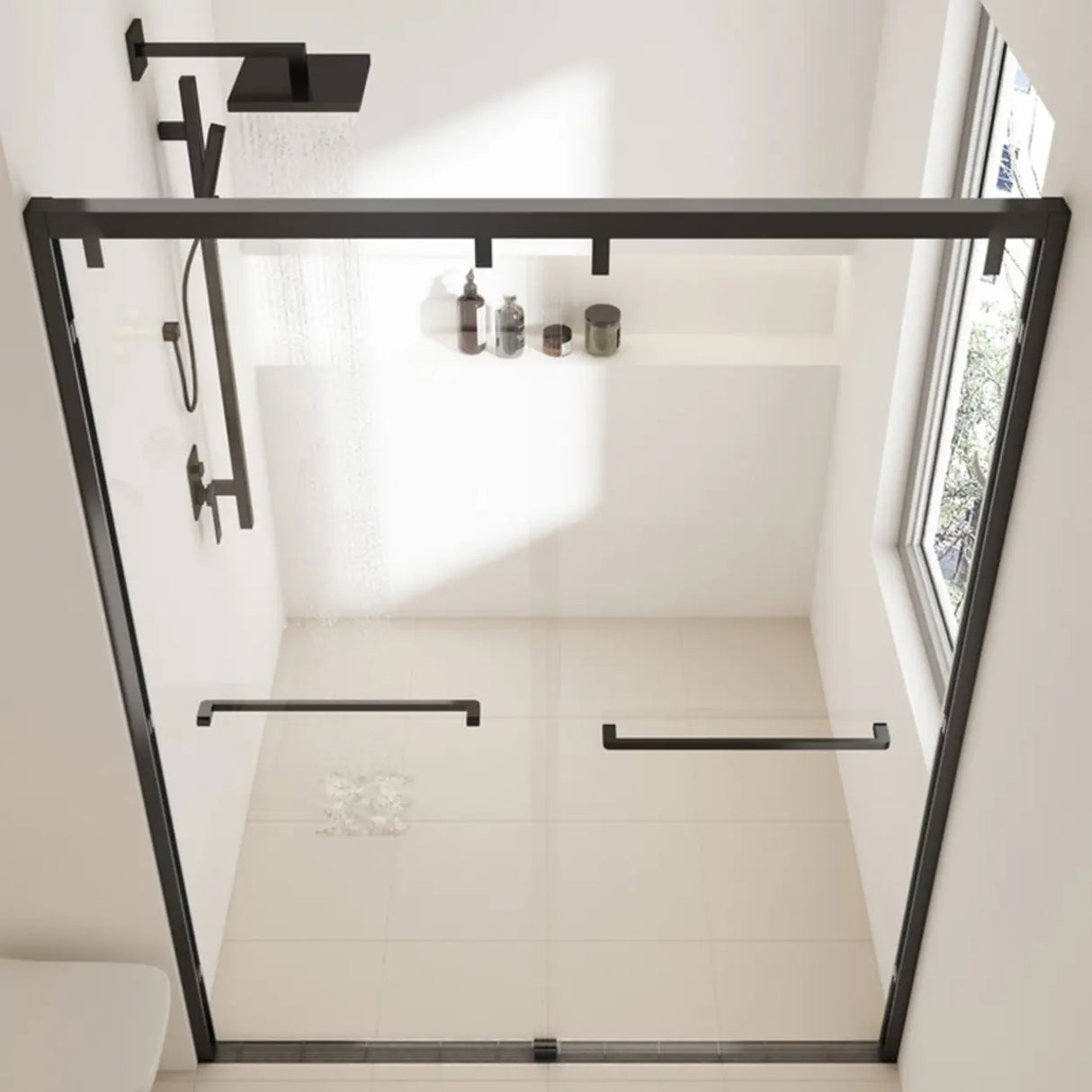 Black Frame and Towel Bar Sliding Glass Shower Door Image - 2