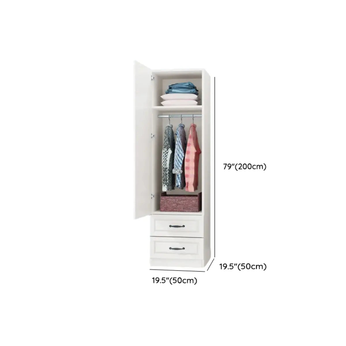 Slim Freestanding White Wood Wardrobe with Shelves and Rod 