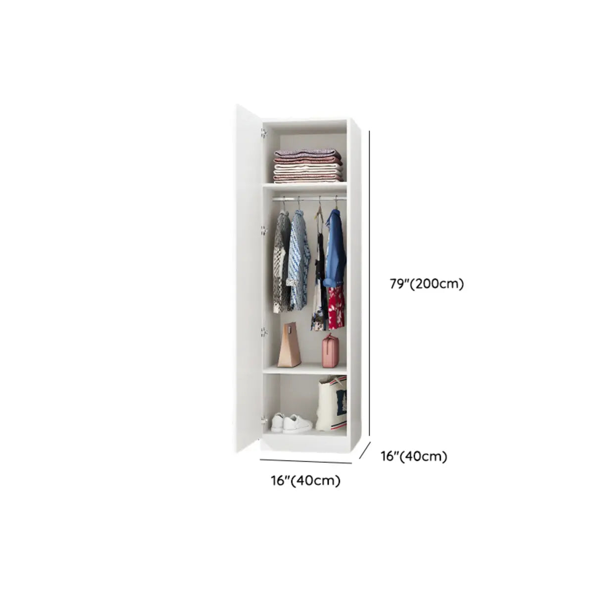 Slim Freestanding White Wood Wardrobe with Shelves and Rod Image - 11