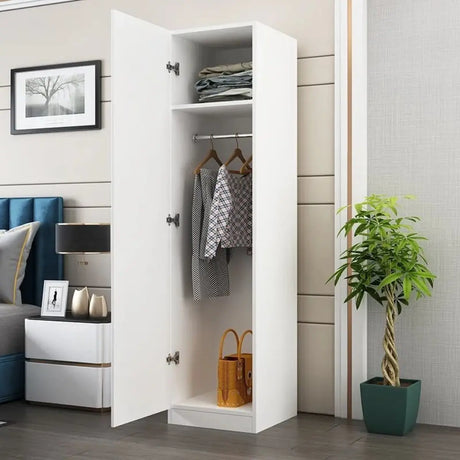 Slim Freestanding White Wood Wardrobe with Shelves and Rod Image - 2