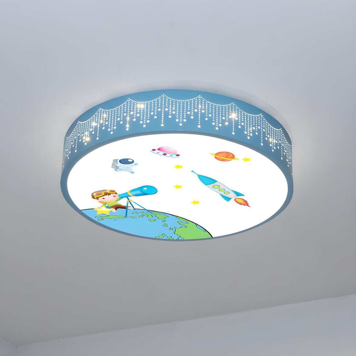 Small Astronomy-Themed Blue Drum LED Flush Mount Light Image - 1