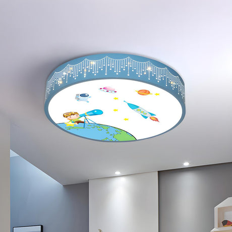 Small Astronomy-Themed Blue Drum LED Flush Mount Light Image - 2