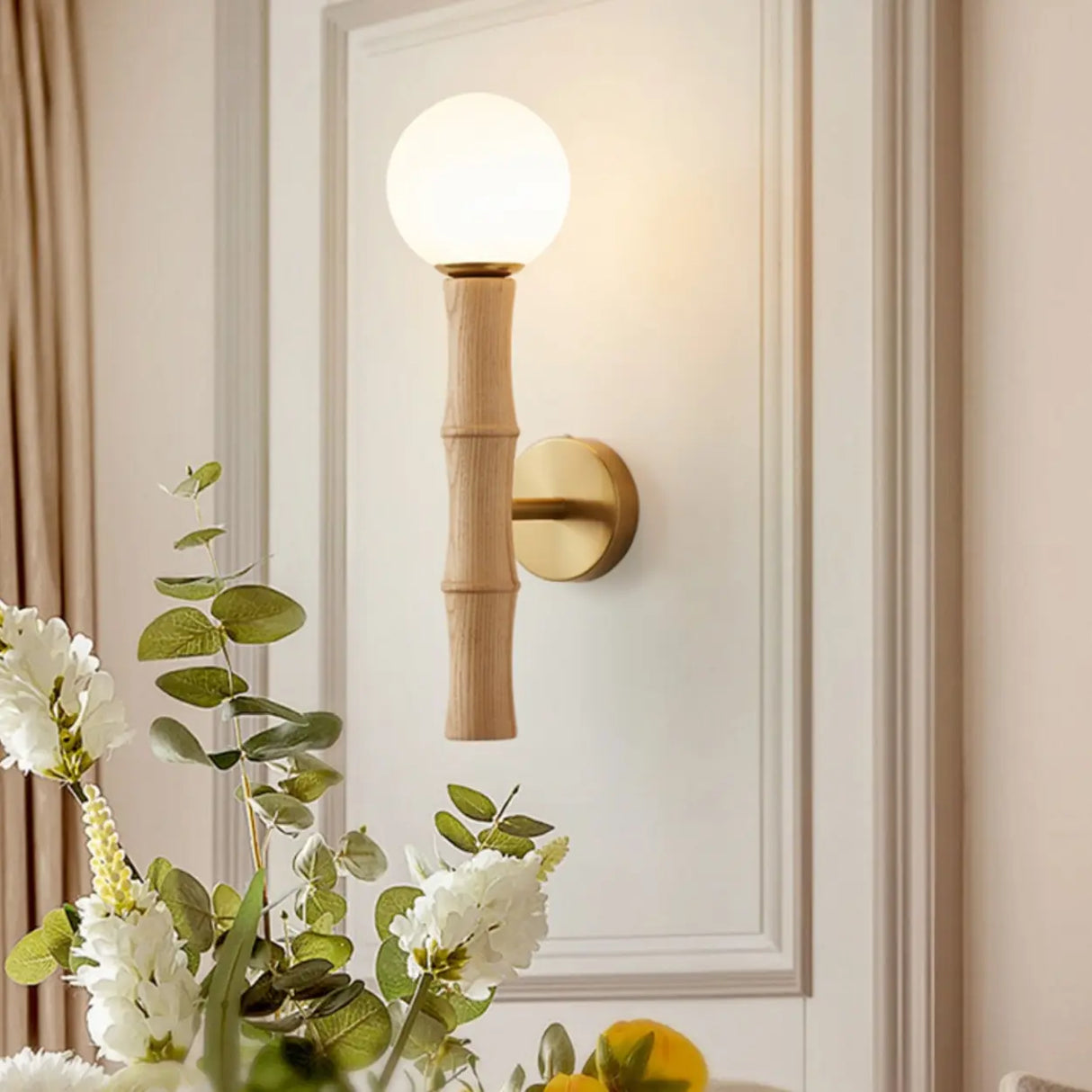 Small Bamboo-Inspired Round LED Globe Wall Sconce Image - 2