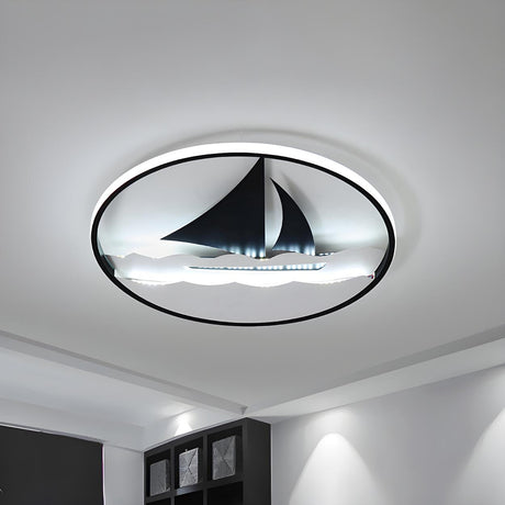 Small Black Sailboat Circle LED Flush Mount Light Image - 2