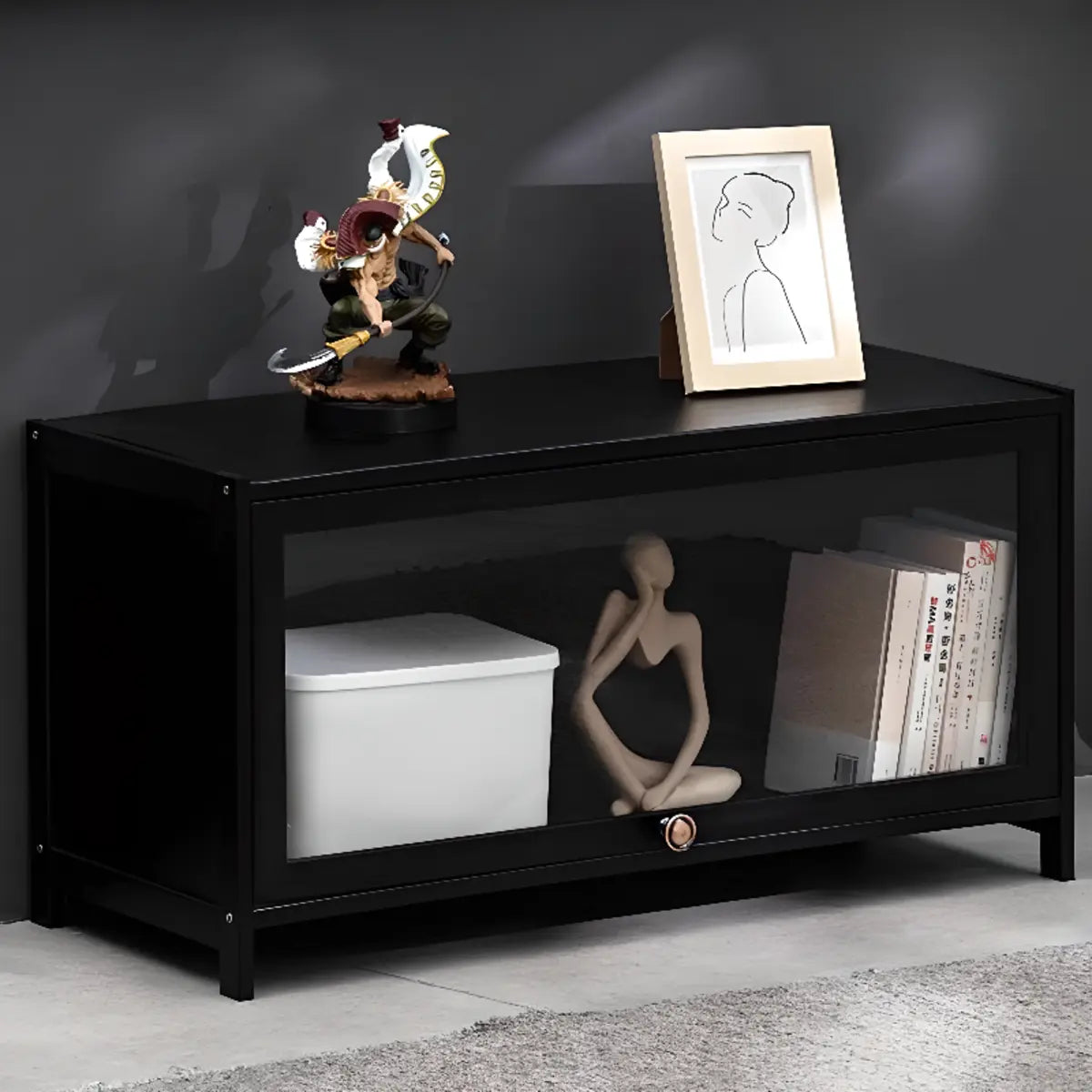 Small Black Wooden TV Stand with Acrylic Cabinet Image - 11