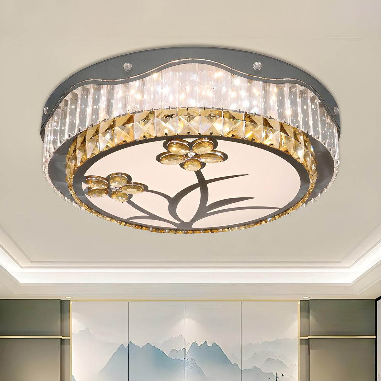 Small Floral Crystal Drum LED Flush Mount Ceiling Light Image - 2