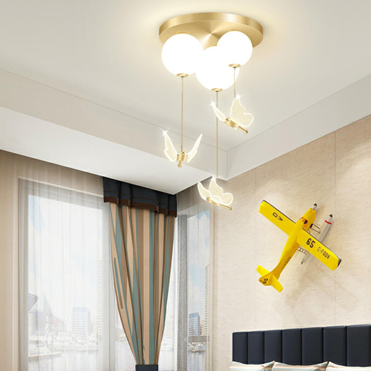 Small Gold Hanging Butterfly Ball LED Flush Mount Light Image - 3